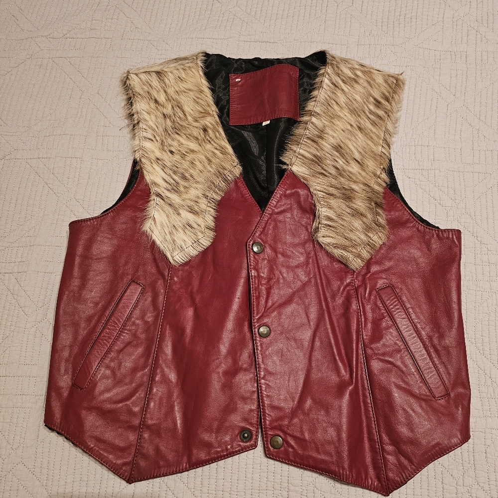 Elegant Red Leather Vest with Faux Fur Accents